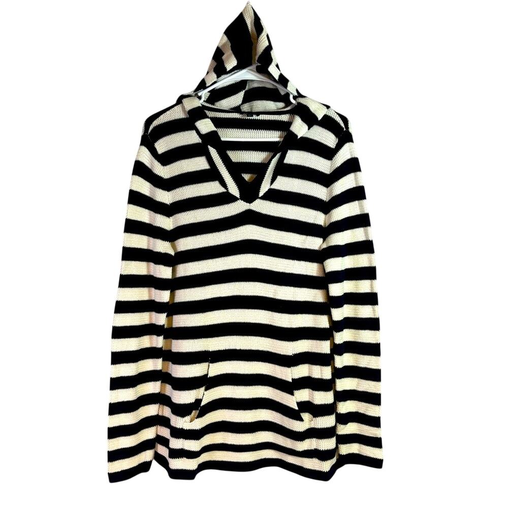 Talbots Navy & White Striped Knit Hoodie Sweater Size XLp Bin3